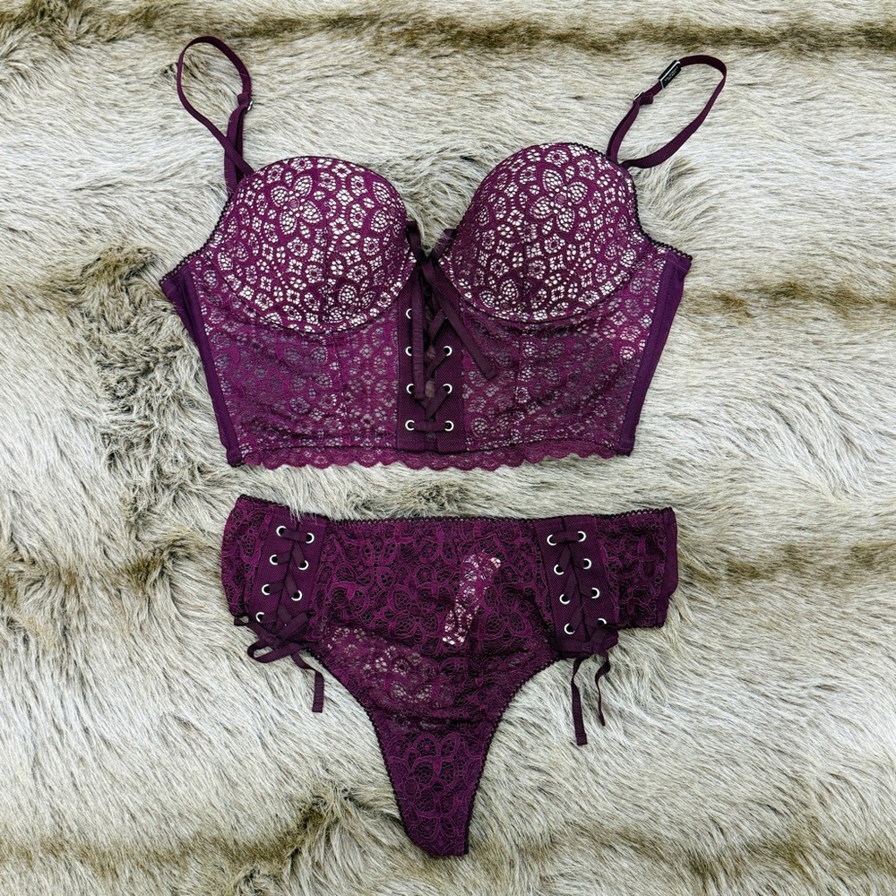 NWT Victoria’s Secret VS Rich Purple Lace Bustier Matching Thong Set 36B M